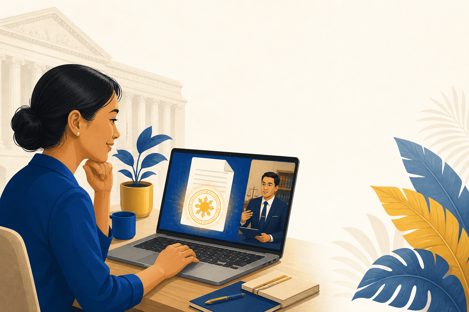 A Filipina professional at her laptop joining a video call with a lawyer, while her document receives a glowing circular digital notarial seal.
