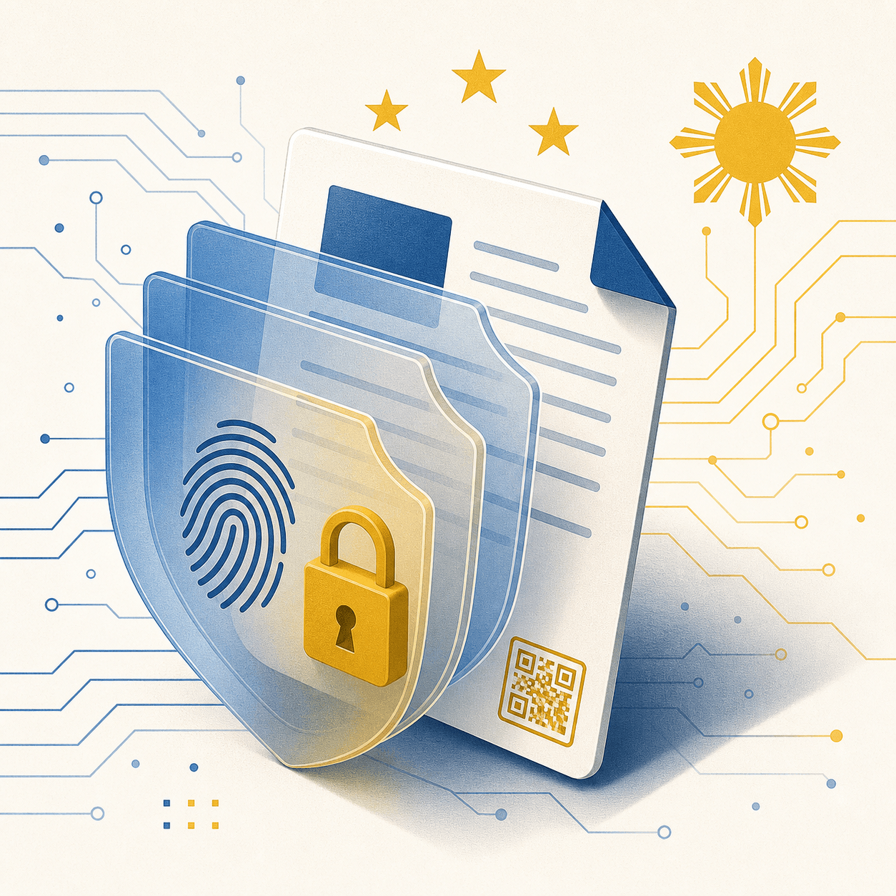 A digital document behind layered translucent shields, with fingerprint, padlock and QR-code motifs.